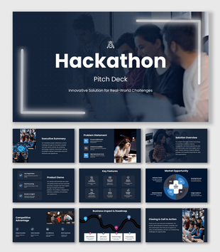 Hackathon Pitch Deck with collaborative team, dark blue layout, glowing frame elements, and innovation visuals.