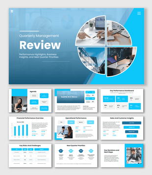 Quarterly Management Review with blue gradient, circular business collage, analytics visuals, and dashboard layout.