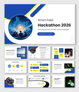 SIH 2026 Presentation with blue-yellow design, circular India innovation graphic, AI visuals, and hackathon theme.
