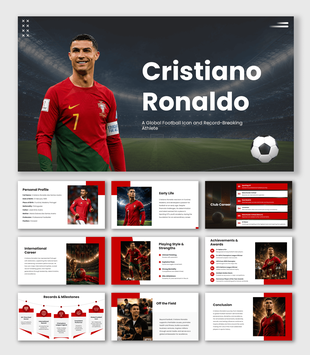 Cristiano Ronaldo presentation with stadium background, red jersey, football graphic, and modern dark sports layout.
