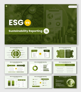 ESG vs Sustainability Reporting with green theme, eco icons, charts, clipboard graphic, and sustainability dashboard.