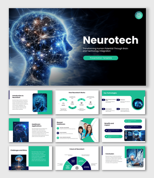 Neurotech PPT with glowing digital brain, neural network graphics, black-teal design, and futuristic AI visuals.