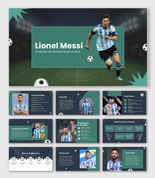 Lionel Messi presentation with teal text box, stadium background, soccer balls, modern shapes, and sports theme.
