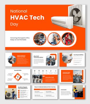 National HVAC Tech Day presentation with orange theme, AC units, technician photos, circular shapes, and modern layout.