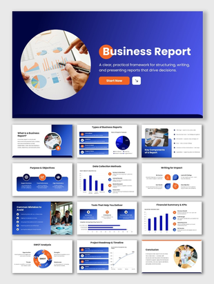 Business Report Presentation with blue-orange theme, charts, circular image, icons, and professional layout.