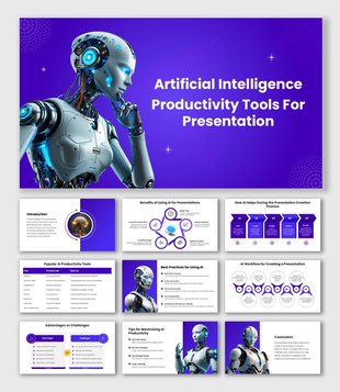 AI Productivity Tools For Presentations with AI robot, purple theme, workflow graphics, and modern layout.