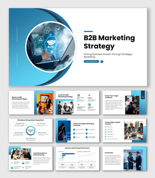 B2B Marketing Strategy presentation with blue-white theme, circular B2B graphic, business visuals, and clean layout.