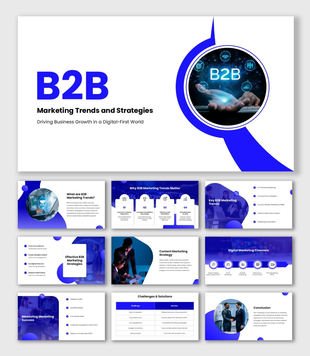 B2B Marketing Trends And Strategies PPT with blue accents, round image frame, marketing visuals and icons.