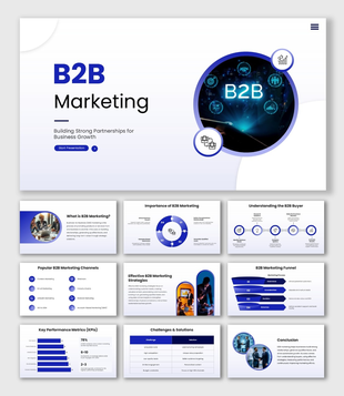 Business To Business Marketing PPT with blue white theme, circular B2B image, icons, funnel, charts and marketing layouts.