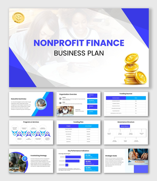Nonprofit Finance Business Plan with blue accents, nonprofit photos, coin graphics, funding tables and KPI charts.