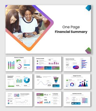 One Page Financial Summary with purple, orange and green accents, finance photo, charts, dashboards and KPI metrics.