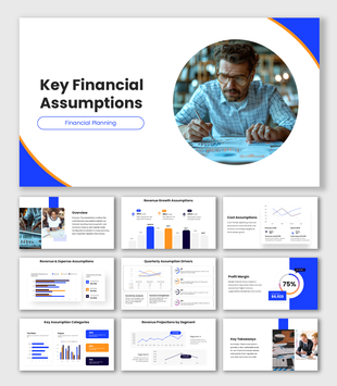 Key Financial Assumptions with blue and orange accents, circular photo, charts, bars, KPI cards and financial graphs.