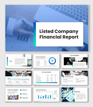 Listed Company Financial Report with blue accents, financial photos, charts, tables, KPI cards and circular data graphics.