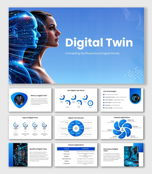 Digital Twin with blue gradients, human-digital imagery, circular diagrams, process flows, icons and technology visuals.