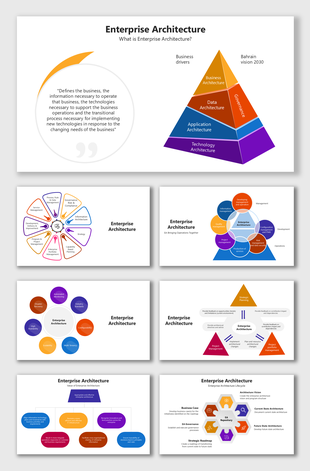 Enterprise Architecture with orange, blue and purple pyramid layers, circular diagrams, icons and strategic frameworks.