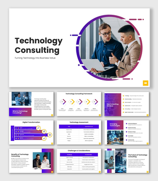 Technology Consulting with purple accents, business photos, workflow arrows, tables and technology icons.