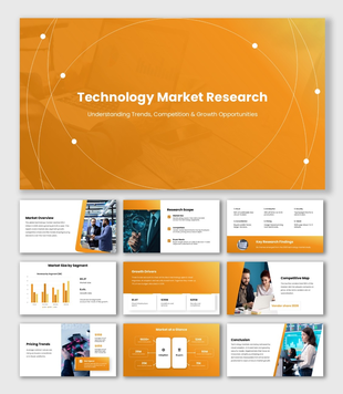 Technology Market Research with orange gradients, market photos, charts, data cards, research findings and growth metrics.