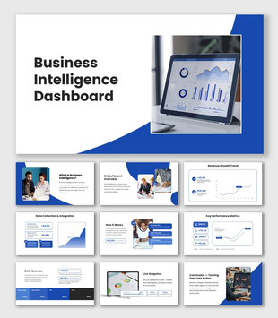 Business Intelligence Dashboard with blue accents, dashboard imagery, charts, KPI cards and data integration visuals.