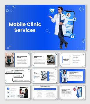 Mobile Clinic Services with blue healthcare graphics, doctor, medical phone, icons and rounded shapes for care access.