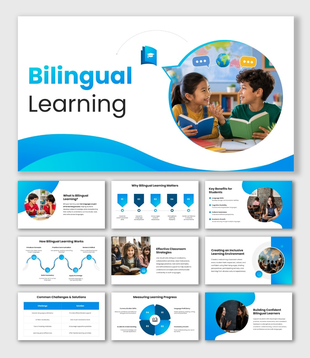 Bilingual Learning with blue waves, student photos, speech icons, books and circular shapes for language education.