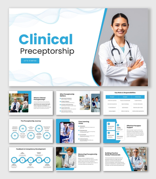 Clinical Preceptorship with doctors, medical photos, blue accents, wave patterns, circles and healthcare process diagrams.