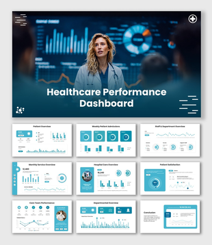 Healthcare Performance Dashboard with doctors, patient charts, teal-blue metrics, circular gauges and data graphs.