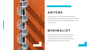 Slide with the minimalistic words in bold, with images of a spiral staircase on the left and placeholder text on the right.