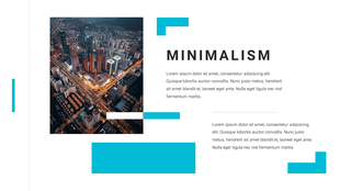 Minimalist PowerPoint slide featuring a cityscape image at night with a title and placeholder text on a white backdrop.