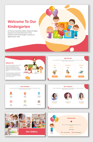 Cartoon-themed kindergarten slide deck with children, colorful blocks, balloons, age groups, and activity icons.