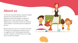 About us slide with teacher illustration near a chalkboard, surrounded by cartoon kids with a soccer ball and trampoline.