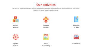 Six bright and playful arrangement with icons for various activities, displayed in a two row grid on a white background.
