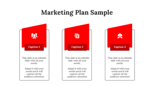 Marketing plan slide with three red sections, labeled 1 to 3, featuring icons and white text box below.