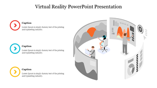 Illustration of a 3D Virtual reality environment with three people interacting, alongside colorful caption areas.