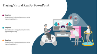 Virtual reality users depicted with headsets and a large game controller, along with three colored placeholders  text.