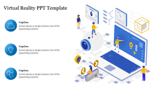 Virtual reality PowerPoint template with VR icons and a laptop display showing virtual environments with captions.