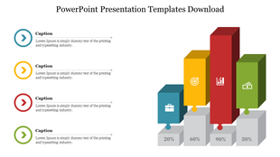 Colorful 3D chart with business, target, graph, and money icons atop bars, matched to caption icons with connector lines.