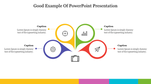 Good presentation template featuring four colored sections with icons and text arranged around a central theme with captions.