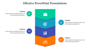 Effective PowerPoint slide with four colorful sections, each featuring an icon and a caption with placeholder text.