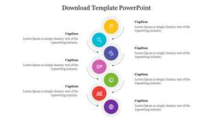 Vertical timeline with seven colorful circular icons and alternating text placeholders on both sides of the path.