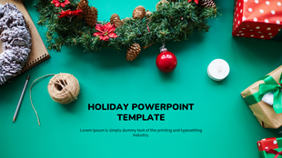 Holiday themed background with a wreath, ornaments, gifts, a candle, and other decorations on a green background.