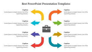 Central briefcase icon with 8 multi-colored arrows pointing outwards towards adjacent caption areas.