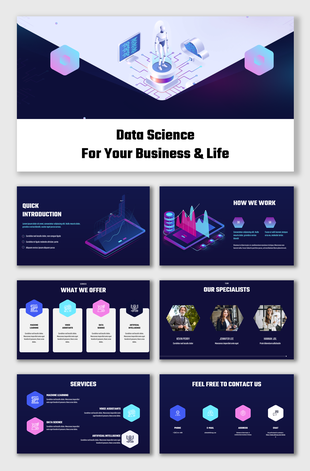 Professional data science slide deck featuring an introduction, services, team, and contact details on a dark theme.