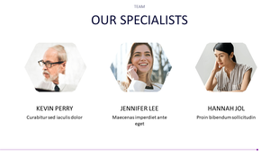 Specialist team layout featuring three people in hexagon photos with bold names and two line role descriptions underneath.
