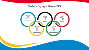 Slide with colorful Olympic rings showcasing sports like snowboarding, karate, tennis, weightlifting, and skateboarding.
