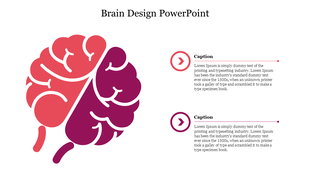 PowerPoint slide featuring a colorful brain design with two captions on either side on a white backdrop.