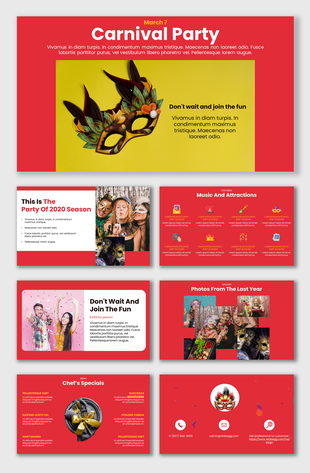 Carnival party slide deck with a red and yellow color scheme, featuring masks, party images, and event details.
