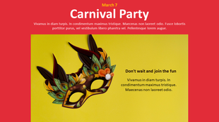 Carnival party slide with colorful feathered mask on yellow background and black caption text on the right side of the image.
