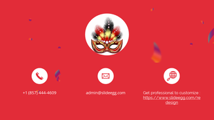 Contact Us PowerPoint slide with carnival decorations and icons for phone, email, and website on a red backdrop.
