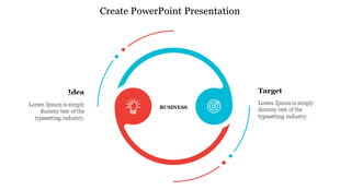 Create concept graphic with curved arrows linking red idea icon and blue target icon, with placeholder text on either side.
