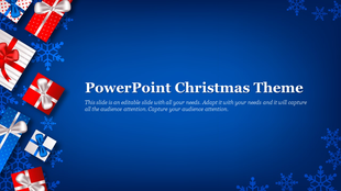 Christmas slide with stacked red, white, and blue gift boxes on the left and snowflakes on a blue gradient background.